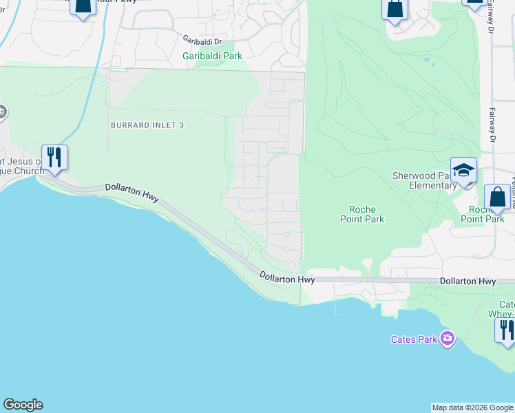 map of restaurants, bars, coffee shops, grocery stores, and more near 580 Raven Woods Drive in North Vancouver