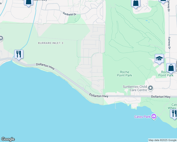 map of restaurants, bars, coffee shops, grocery stores, and more near 580 Raven Woods Drive in North Vancouver