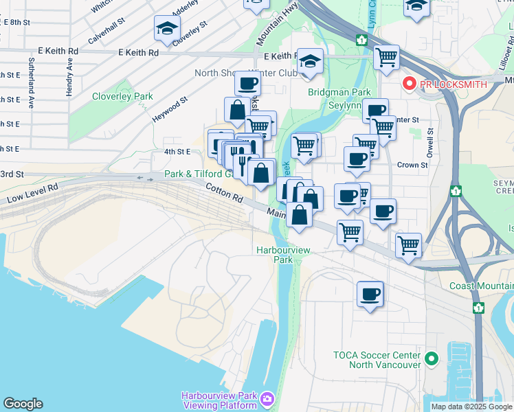 map of restaurants, bars, coffee shops, grocery stores, and more near 1315 Cotton Drive in North Vancouver