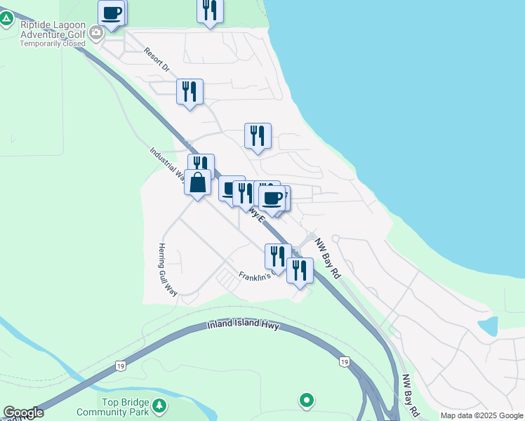 map of restaurants, bars, coffee shops, grocery stores, and more near 1247 Arbutus Road in Parksville