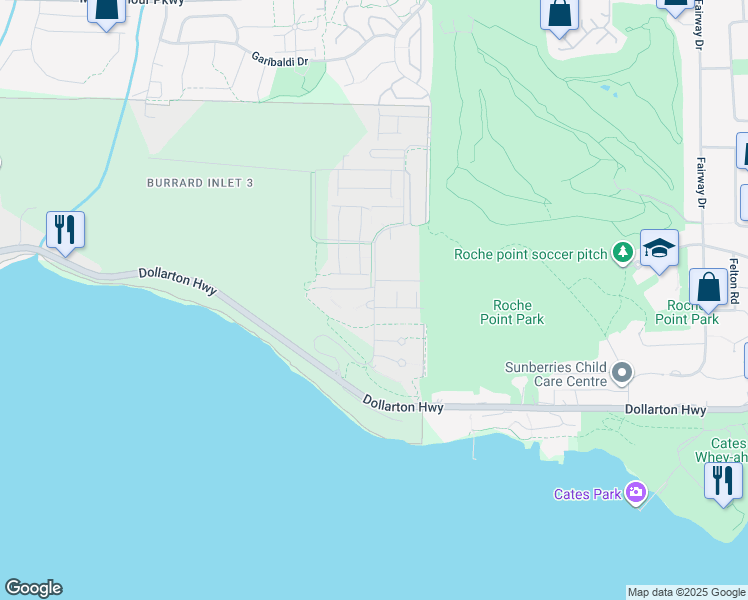 map of restaurants, bars, coffee shops, grocery stores, and more near Raven Woods Drive in Metro Vancouver