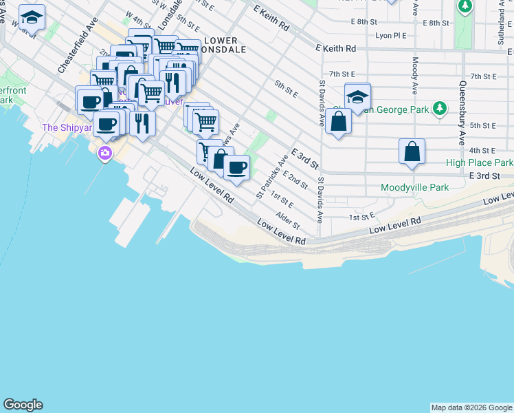 map of restaurants, bars, coffee shops, grocery stores, and more near 46 Saint Patricks Avenue in North Vancouver