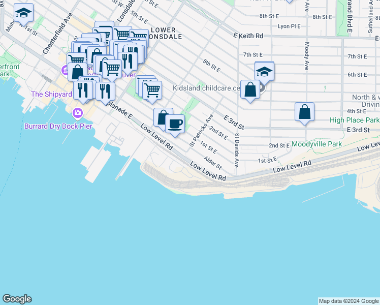 map of restaurants, bars, coffee shops, grocery stores, and more near 46 Saint Patricks Avenue in North Vancouver