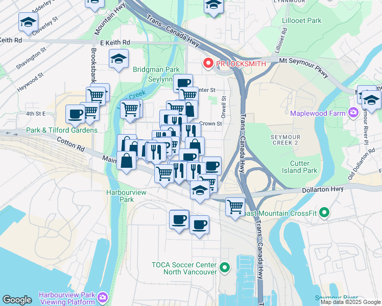 map of restaurants, bars, coffee shops, grocery stores, and more near 309 Mountain Highway in North Vancouver