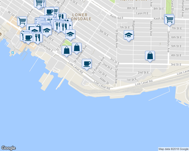map of restaurants, bars, coffee shops, grocery stores, and more near 403 Alder Street in North Vancouver