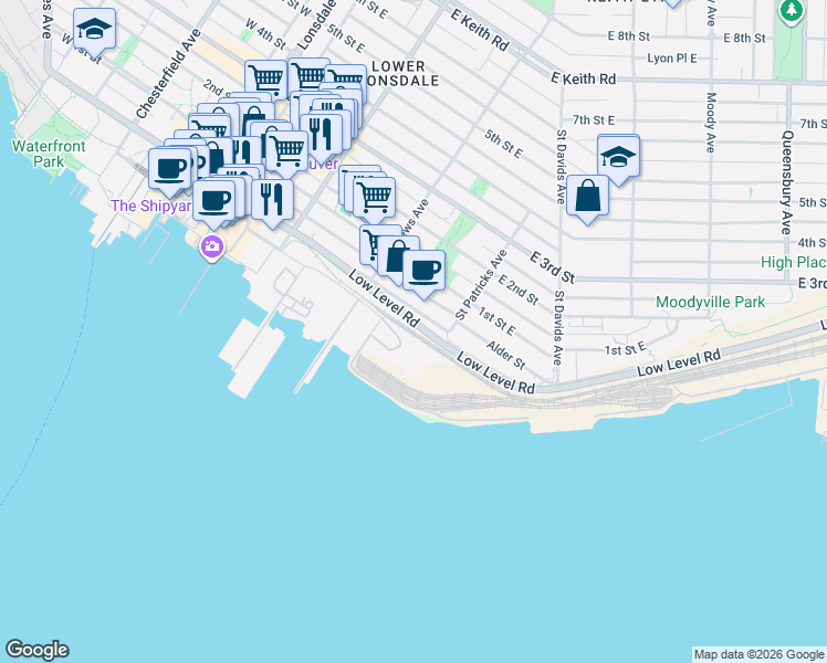 map of restaurants, bars, coffee shops, grocery stores, and more near 310 East Esplanade in North Vancouver