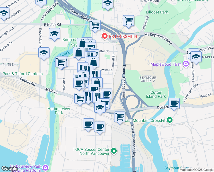map of restaurants, bars, coffee shops, grocery stores, and more near 1568 Bond Street in North Vancouver