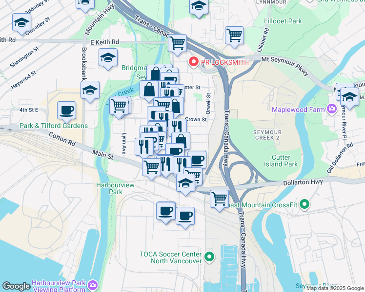 map of restaurants, bars, coffee shops, grocery stores, and more near 1506 Bond Street in North Vancouver