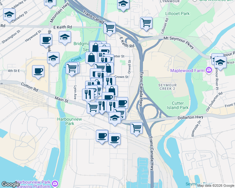 map of restaurants, bars, coffee shops, grocery stores, and more near 1542 Bond Street in North Vancouver