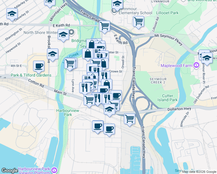 map of restaurants, bars, coffee shops, grocery stores, and more near 1512 Bond Street in North Vancouver