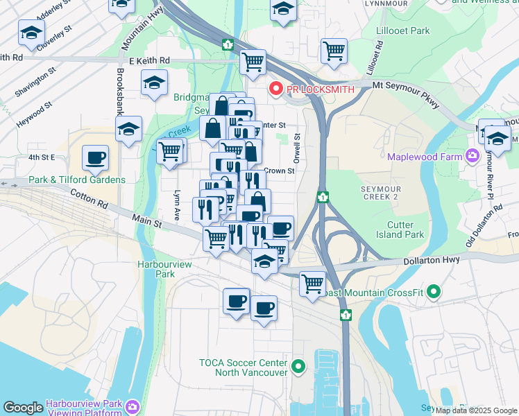 map of restaurants, bars, coffee shops, grocery stores, and more near 1506 Bond Street in North Vancouver