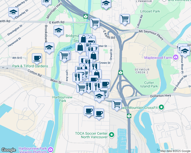 map of restaurants, bars, coffee shops, grocery stores, and more near in North Vancouver
