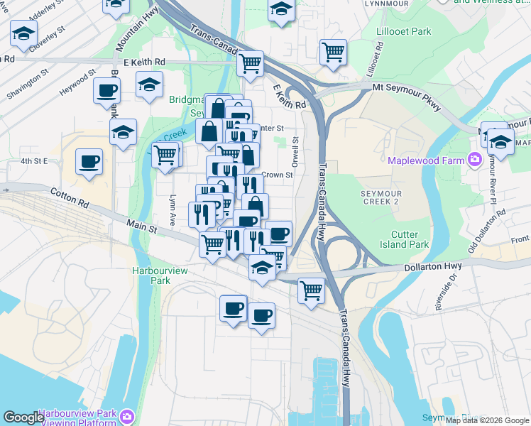 map of restaurants, bars, coffee shops, grocery stores, and more near 1536 Bond Street in North Vancouver
