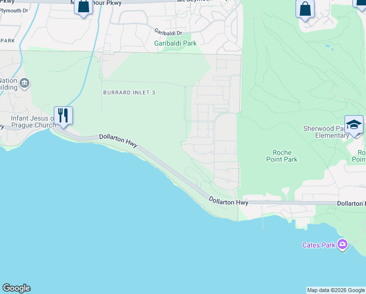 map of restaurants, bars, coffee shops, grocery stores, and more near 560 Raven Woods Drive in North Vancouver