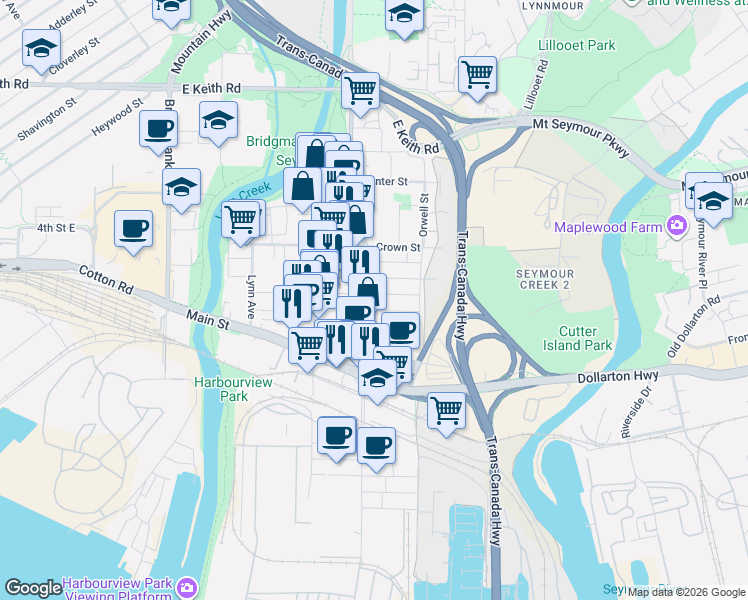 map of restaurants, bars, coffee shops, grocery stores, and more near 1512 Bond Street in North Vancouver