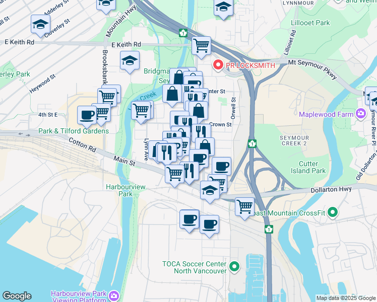 map of restaurants, bars, coffee shops, grocery stores, and more near in North Vancouver