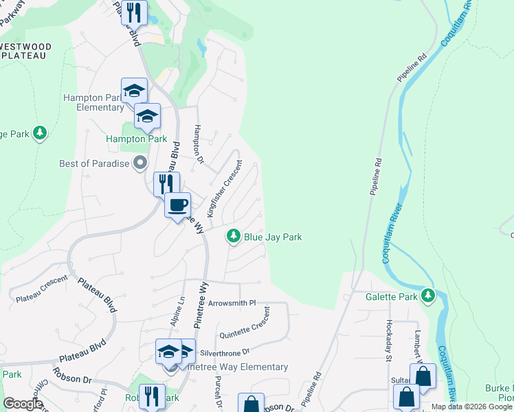 map of restaurants, bars, coffee shops, grocery stores, and more near 3090 Tanager Court in Coquitlam