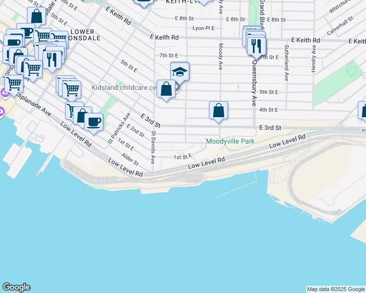 map of restaurants, bars, coffee shops, grocery stores, and more near 565 East 2nd Street in North Vancouver