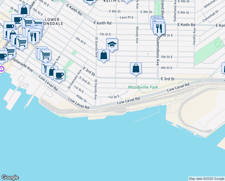 map of restaurants, bars, coffee shops, grocery stores, and more near 555 East 2nd Street in North Vancouver