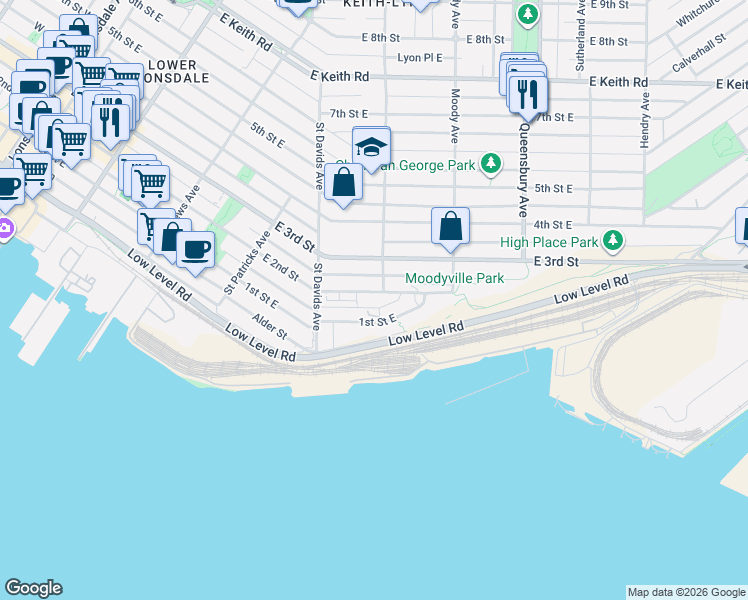 map of restaurants, bars, coffee shops, grocery stores, and more near 555 2nd Street West in North Vancouver