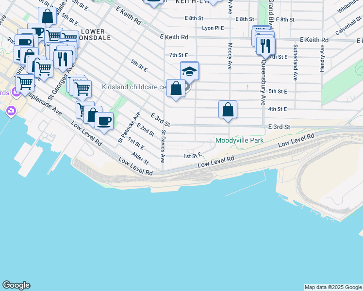 map of restaurants, bars, coffee shops, grocery stores, and more near 535 East 2nd Street in North Vancouver