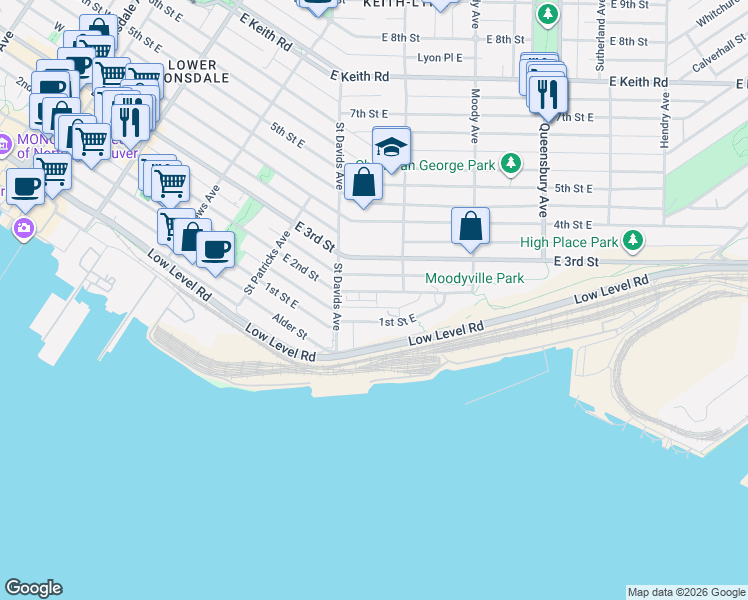 map of restaurants, bars, coffee shops, grocery stores, and more near 535 2nd Street West in North Vancouver