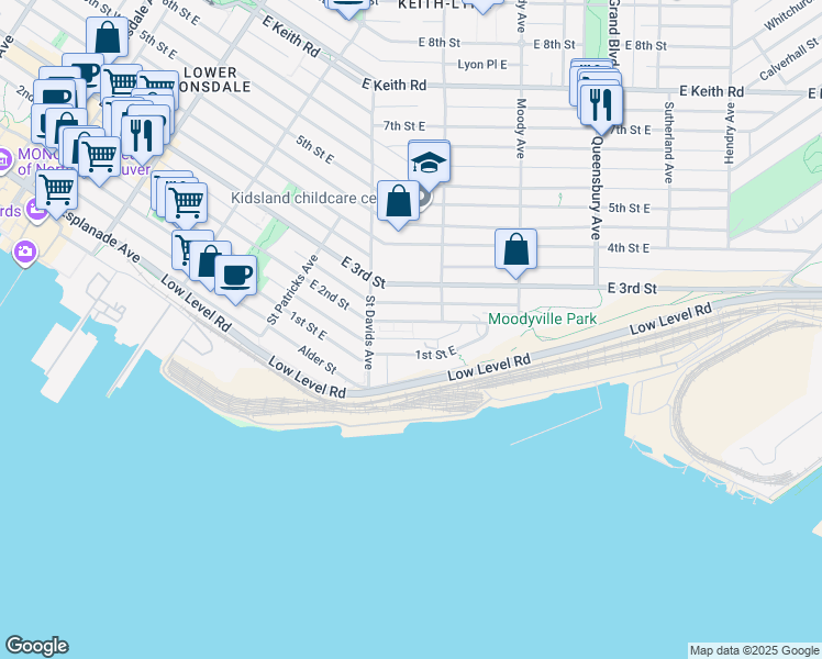 map of restaurants, bars, coffee shops, grocery stores, and more near 535 East 2nd Street in North Vancouver