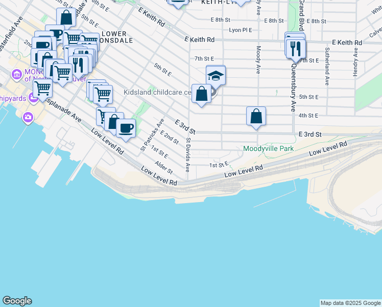 map of restaurants, bars, coffee shops, grocery stores, and more near 505 2nd Street East in North Vancouver