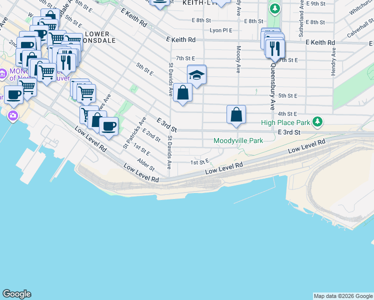 map of restaurants, bars, coffee shops, grocery stores, and more near in North Vancouver