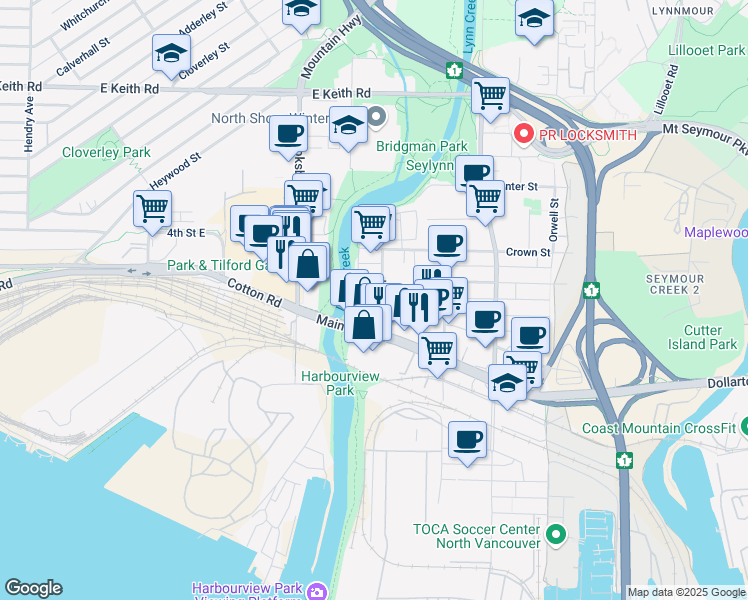 map of restaurants, bars, coffee shops, grocery stores, and more near 351 Lynn Avenue in North Vancouver
