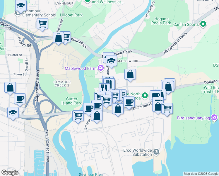 map of restaurants, bars, coffee shops, grocery stores, and more near 308 Seymour River Place in North Vancouver