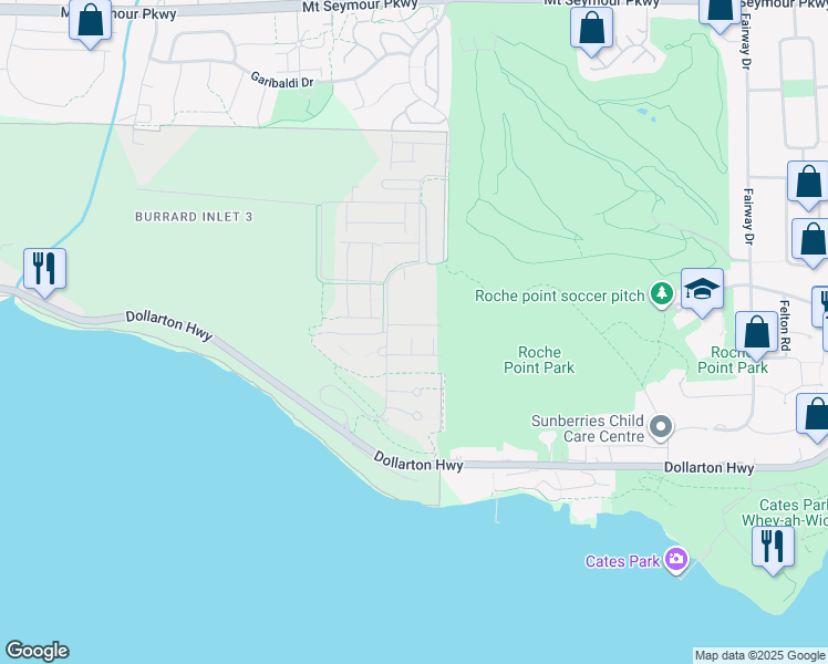 map of restaurants, bars, coffee shops, grocery stores, and more near 3639 Aldercrest Drive in Burrard Inlet 3