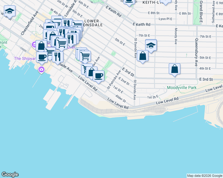 map of restaurants, bars, coffee shops, grocery stores, and more near 407 1st Street East in North Vancouver