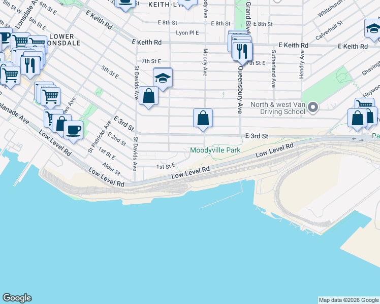 map of restaurants, bars, coffee shops, grocery stores, and more near in North Vancouver