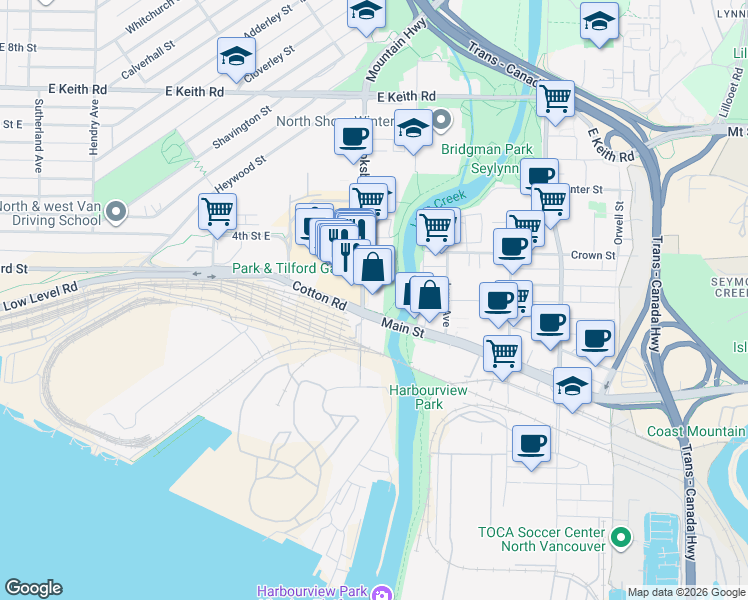 map of restaurants, bars, coffee shops, grocery stores, and more near 212 Brooksbank Avenue in North Vancouver