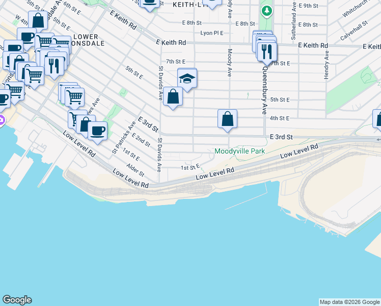 map of restaurants, bars, coffee shops, grocery stores, and more near 555 2nd Street West in North Vancouver