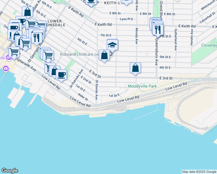map of restaurants, bars, coffee shops, grocery stores, and more near 565 East 2nd Street in North Vancouver