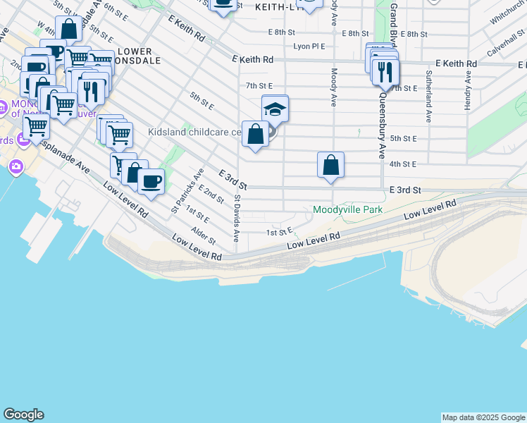 map of restaurants, bars, coffee shops, grocery stores, and more near 535 East 2nd Street in North Vancouver