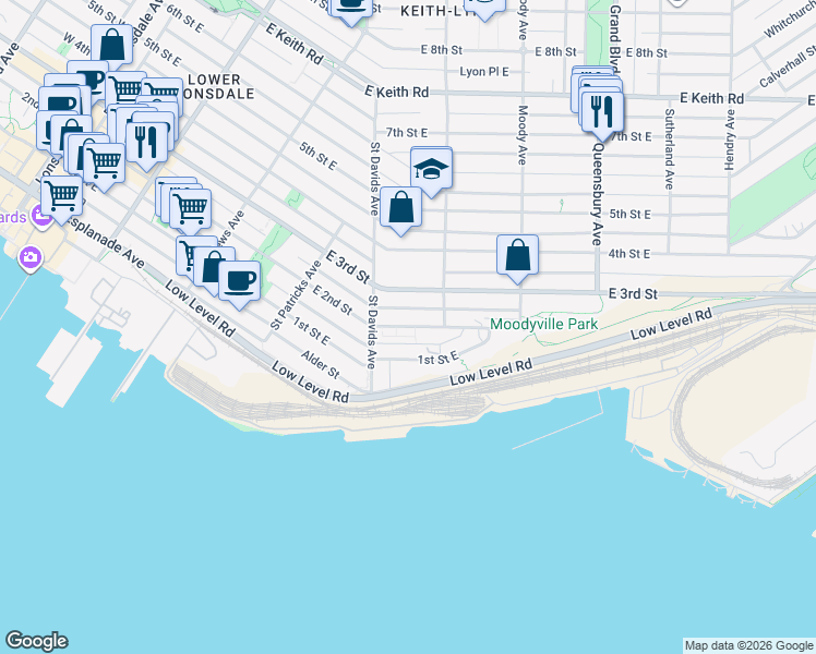 map of restaurants, bars, coffee shops, grocery stores, and more near 528 East 2nd Street in North Vancouver