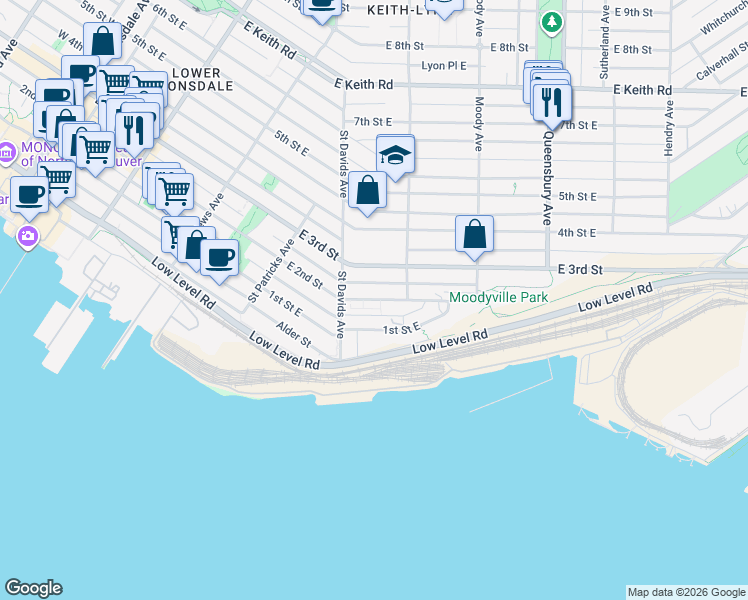 map of restaurants, bars, coffee shops, grocery stores, and more near in North Vancouver