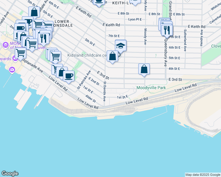 map of restaurants, bars, coffee shops, grocery stores, and more near 535 East 2nd Street in North Vancouver