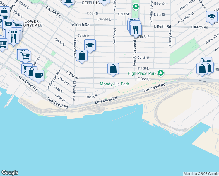 map of restaurants, bars, coffee shops, grocery stores, and more near 650 East 2nd Street in North Vancouver