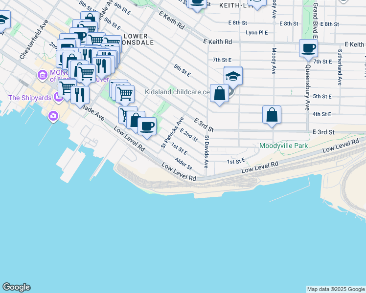 map of restaurants, bars, coffee shops, grocery stores, and more near 432 1st Street East in North Vancouver