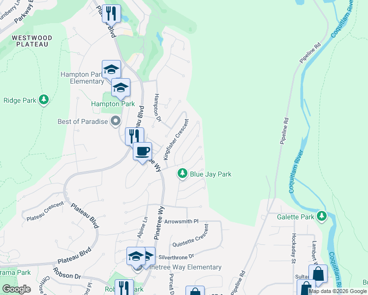 map of restaurants, bars, coffee shops, grocery stores, and more near 1671 Mallard Court in Coquitlam
