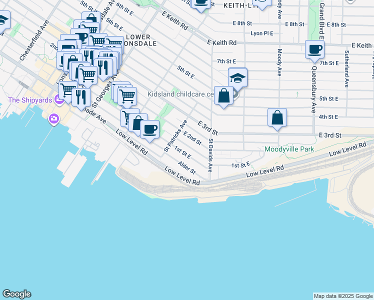 map of restaurants, bars, coffee shops, grocery stores, and more near 432 1st Street East in North Vancouver