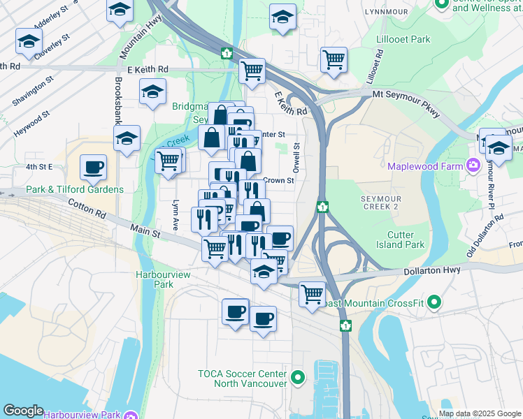 map of restaurants, bars, coffee shops, grocery stores, and more near 1515 Rupert Street in North Vancouver