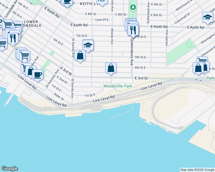 map of restaurants, bars, coffee shops, grocery stores, and more near 650 2nd Street West in North Vancouver