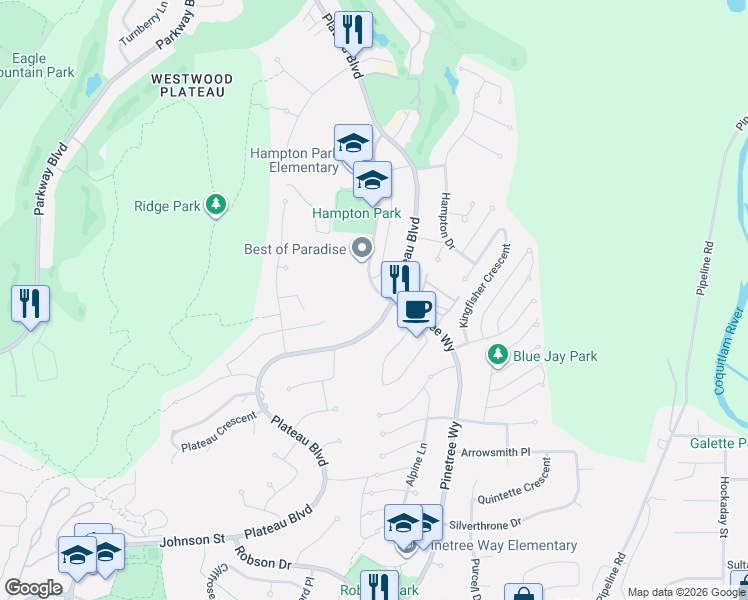 map of restaurants, bars, coffee shops, grocery stores, and more near 1700 Paddock Drive in Coquitlam