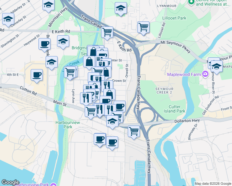 map of restaurants, bars, coffee shops, grocery stores, and more near 1551 Rupert Street in North Vancouver