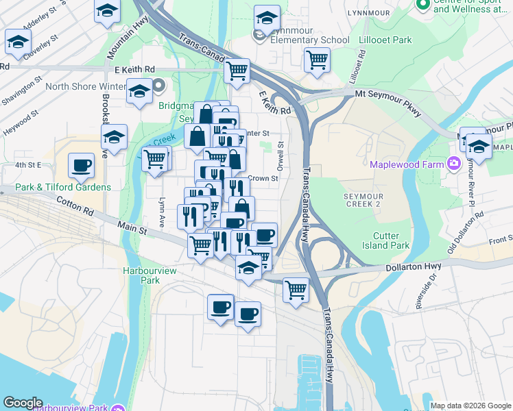 map of restaurants, bars, coffee shops, grocery stores, and more near 1551 Rupert Street in North Vancouver